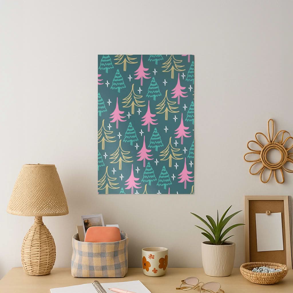 Colourful Sketched Christmas Trees Pattern Art Print