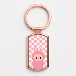 Checkered Cute Pink Monster  Rose Gold Keyring