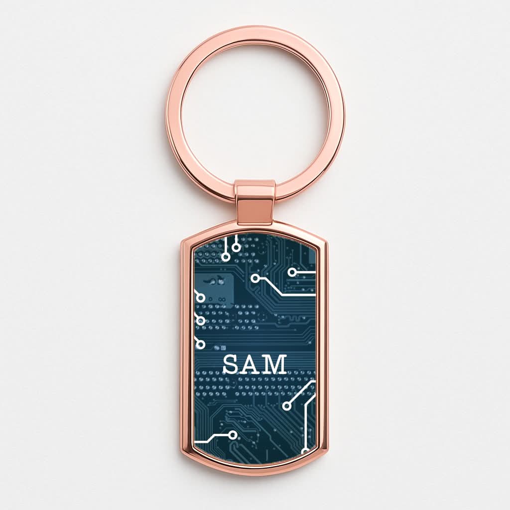Blue Circuit Board Personalised Name Rose Gold Keyring