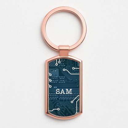 Blue Circuit Board Personalised Name Rose Gold Keyring