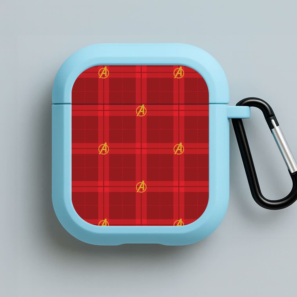 Superhero Team Red Tartan Pattern Blue AirPods Case
