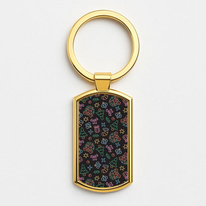 Neon Christmas Icons Pattern I Gold Keyring