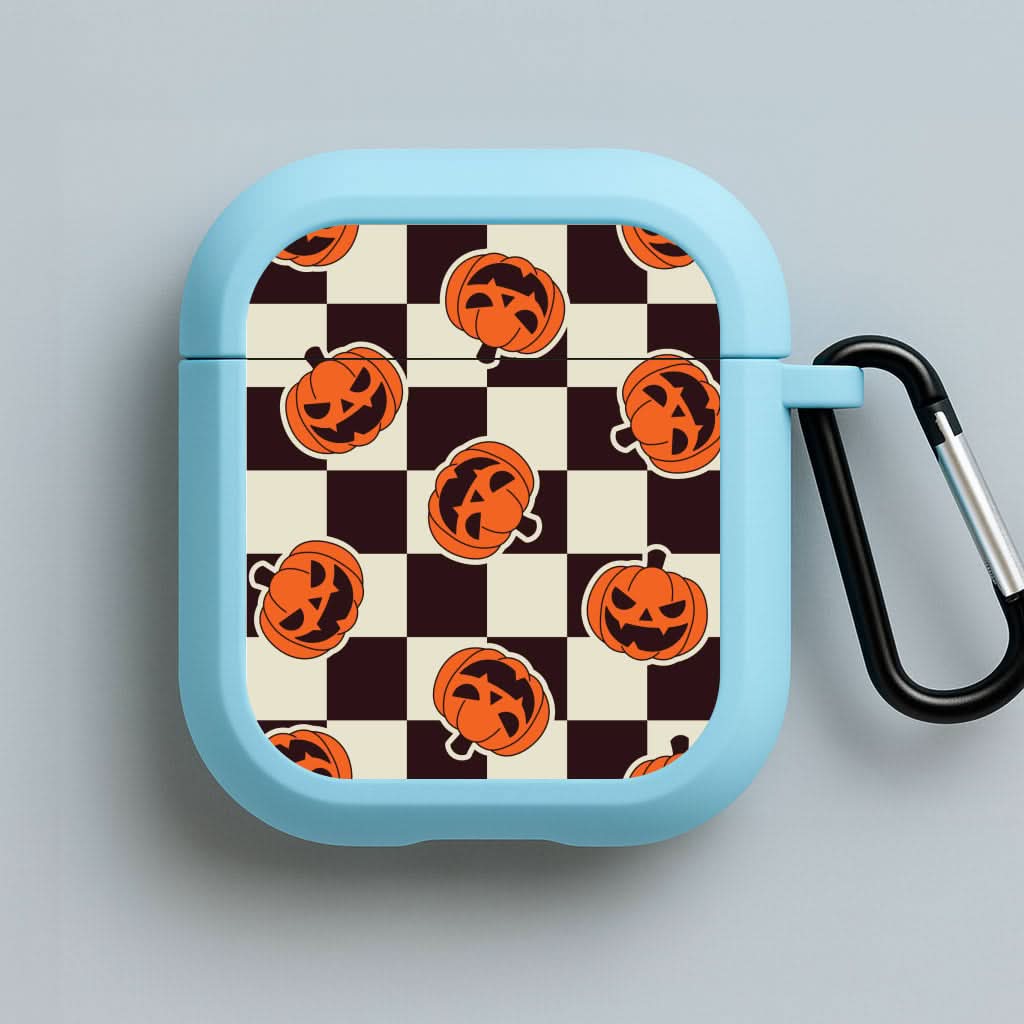 Pumpkin Stickers Checkered Pattern Blue AirPods Case