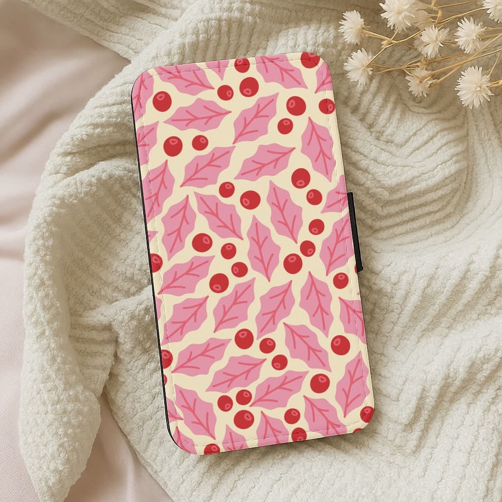 Pink Holly And Berries Pattern Leather Phone Case