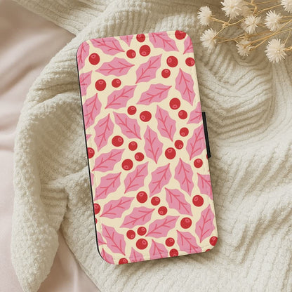 Pink Holly And Berries Pattern Leather Phone Case