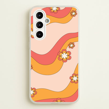 Waves And Flowers Orange Retro Pattern  - Abstract Patterns Phone Case for Galaxy A54