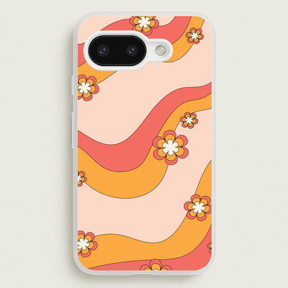 Waves And Flowers Orange Retro Pattern  - Abstract Patterns Phone Case for Google Pixel 9a