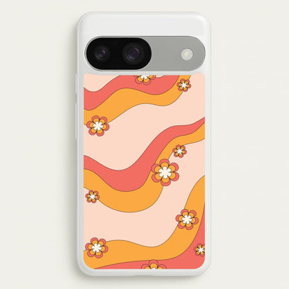 Waves And Flowers Orange Retro Pattern  - Abstract Patterns Phone Case for Google Pixel 9 / 9 Pro