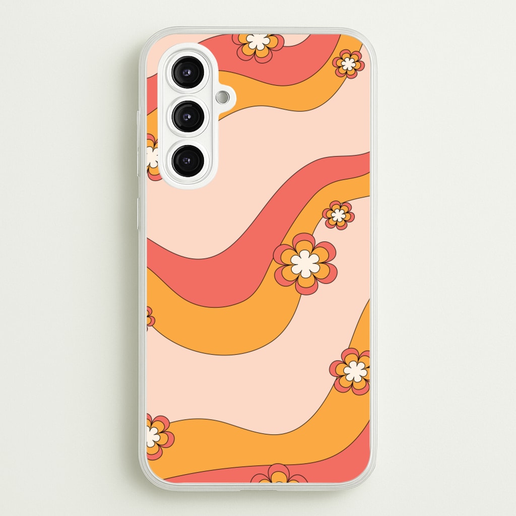 Waves And Flowers Orange Retro Pattern  - Abstract Patterns Phone Case for Galaxy A16