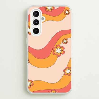 Waves And Flowers Orange Retro Pattern  - Abstract Patterns Phone Case for Galaxy A16