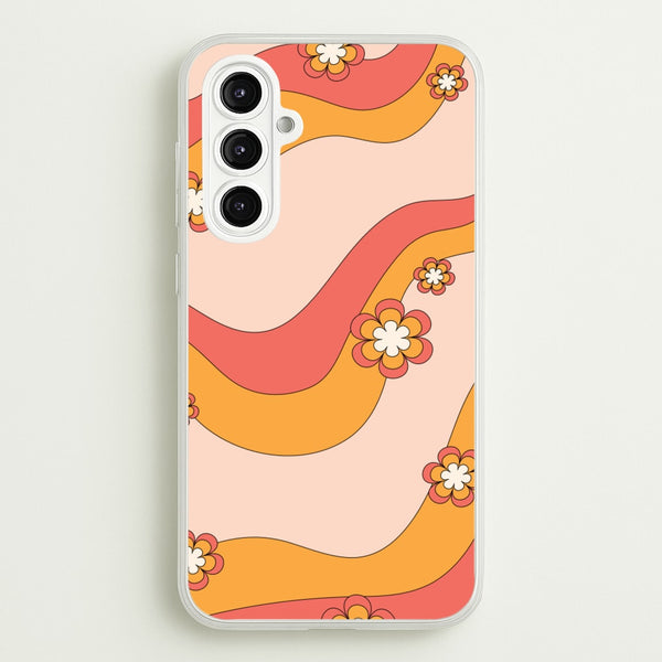 Waves And Flowers Orange Retro Pattern  - Abstract Patterns Phone Case for Galaxy A16