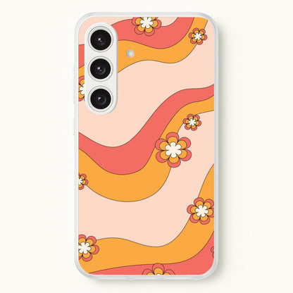 Waves And Flowers Orange Retro Pattern  - Abstract Patterns Phone Case for Galaxy S25 Plus
