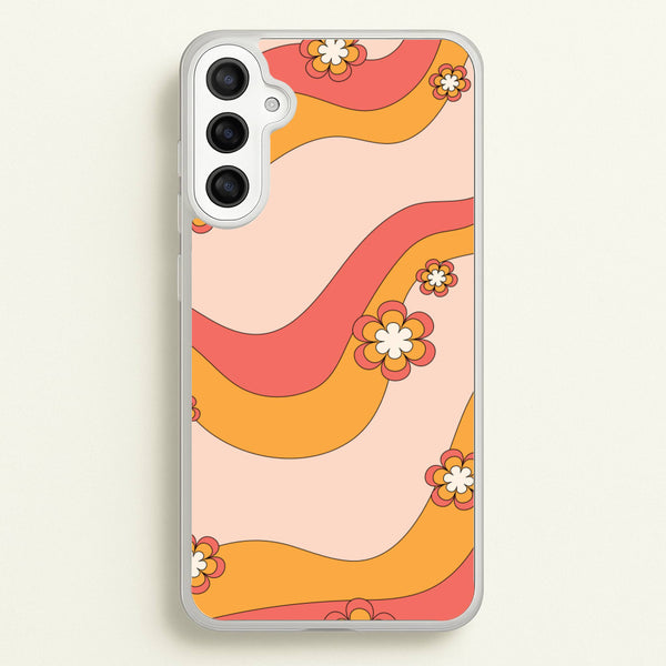 Waves And Flowers Orange Retro Pattern  - Abstract Patterns Phone Case for Galaxy A36