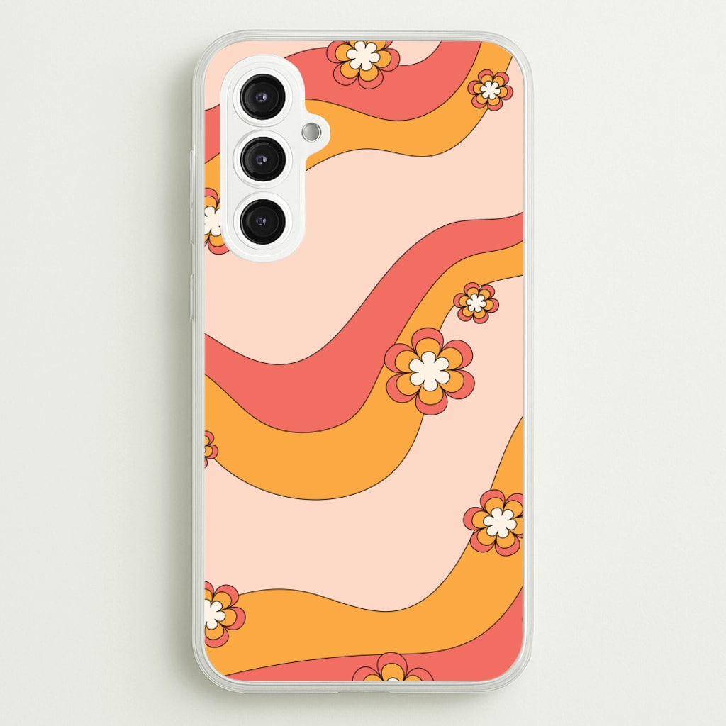 Waves And Flowers Orange Retro Pattern  - Abstract Patterns Phone Case for Galaxy S23FE
