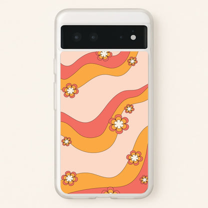 Waves And Flowers Orange Retro Pattern  - Abstract Patterns Phone Case for Google Pixel 6