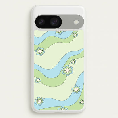 Waves And Flowers Green Retro Pattern  - Abstract Patterns Phone Case for Google Pixel 9 / 9 Pro
