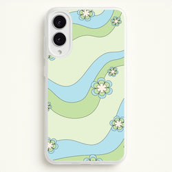 Waves And Flowers Green Retro Pattern  - Abstract Patterns Phone Case for Galaxy S25 Edge