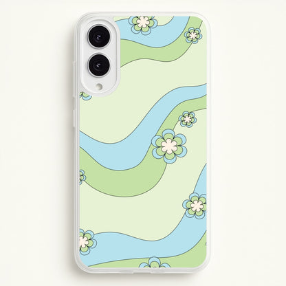 Waves And Flowers Green Retro Pattern  - Abstract Patterns Phone Case for Galaxy S25 Edge