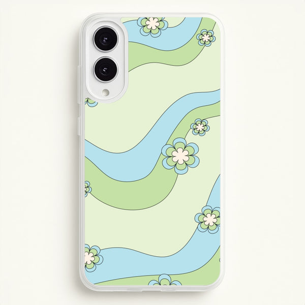 Waves And Flowers Green Retro Pattern  - Abstract Patterns Phone Case for Galaxy S25 Edge