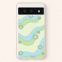 Waves And Flowers Green Retro Pattern  - Abstract Patterns Phone Case for Google Pixel 8a