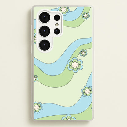 Waves And Flowers Green Retro Pattern  - Abstract Patterns Phone Case for Galaxy S25 Ultra