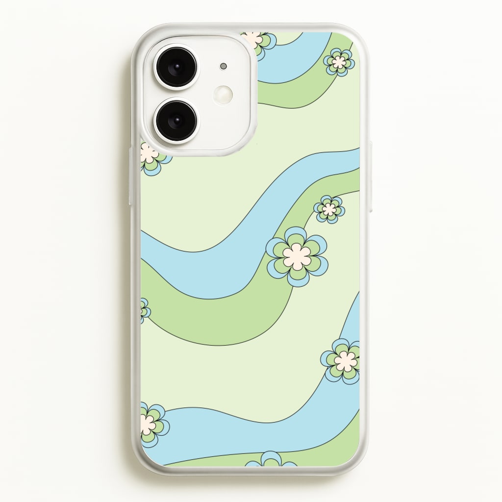 Waves And Flowers Green Retro Pattern  - Abstract Patterns Phone Case for iPhone 11