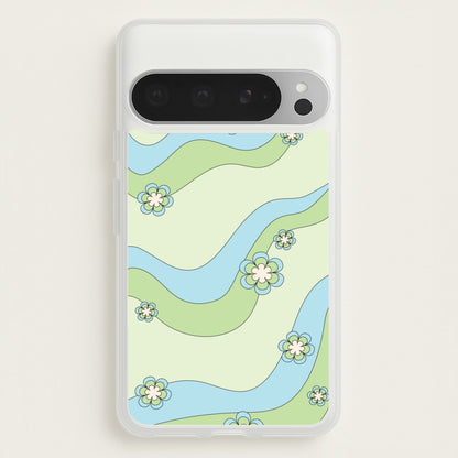 Waves And Flowers Green Retro Pattern  - Abstract Patterns Phone Case for Google Pixel 9 Pro XL