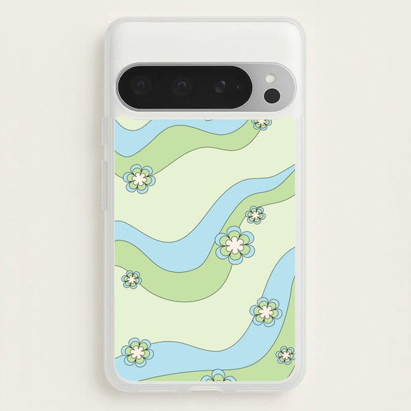 Waves And Flowers Green Retro Pattern  - Abstract Patterns Phone Case for Google Pixel 9 Pro XL