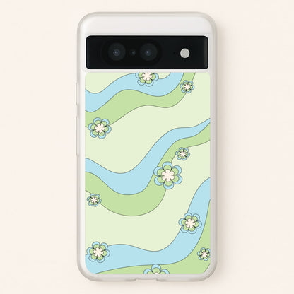 Waves And Flowers Green Retro Pattern  - Abstract Patterns Phone Case for Google Pixel 8