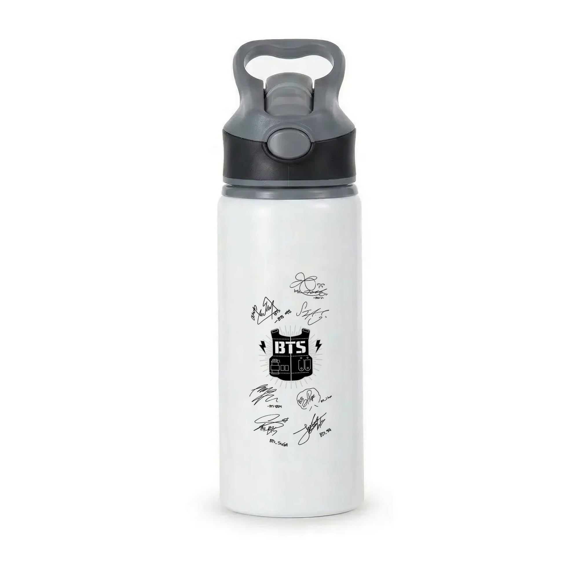 White K-Pop Band Army Logo and Signatures Active Water Bottle - Black