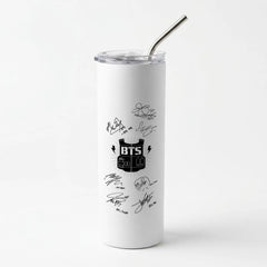White K-Pop Band Army Logo and Signatures Skinny Tumbler