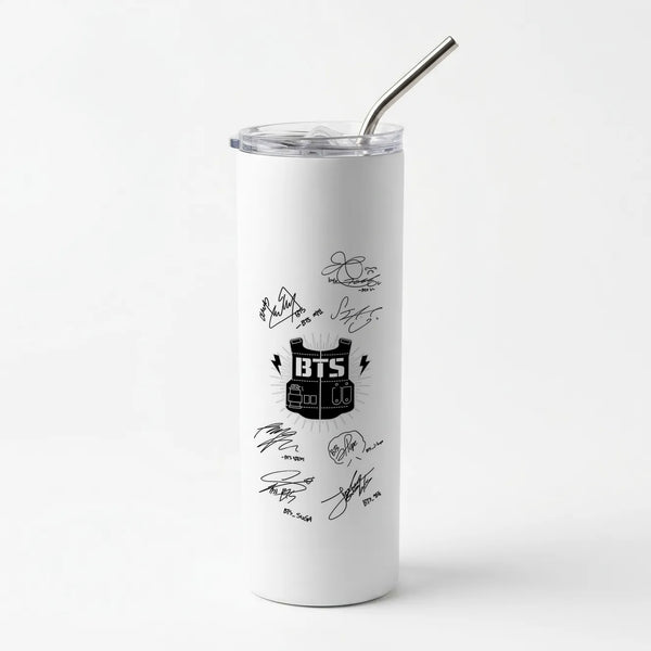 White K-Pop Band Army Logo and Signatures Skinny Tumbler