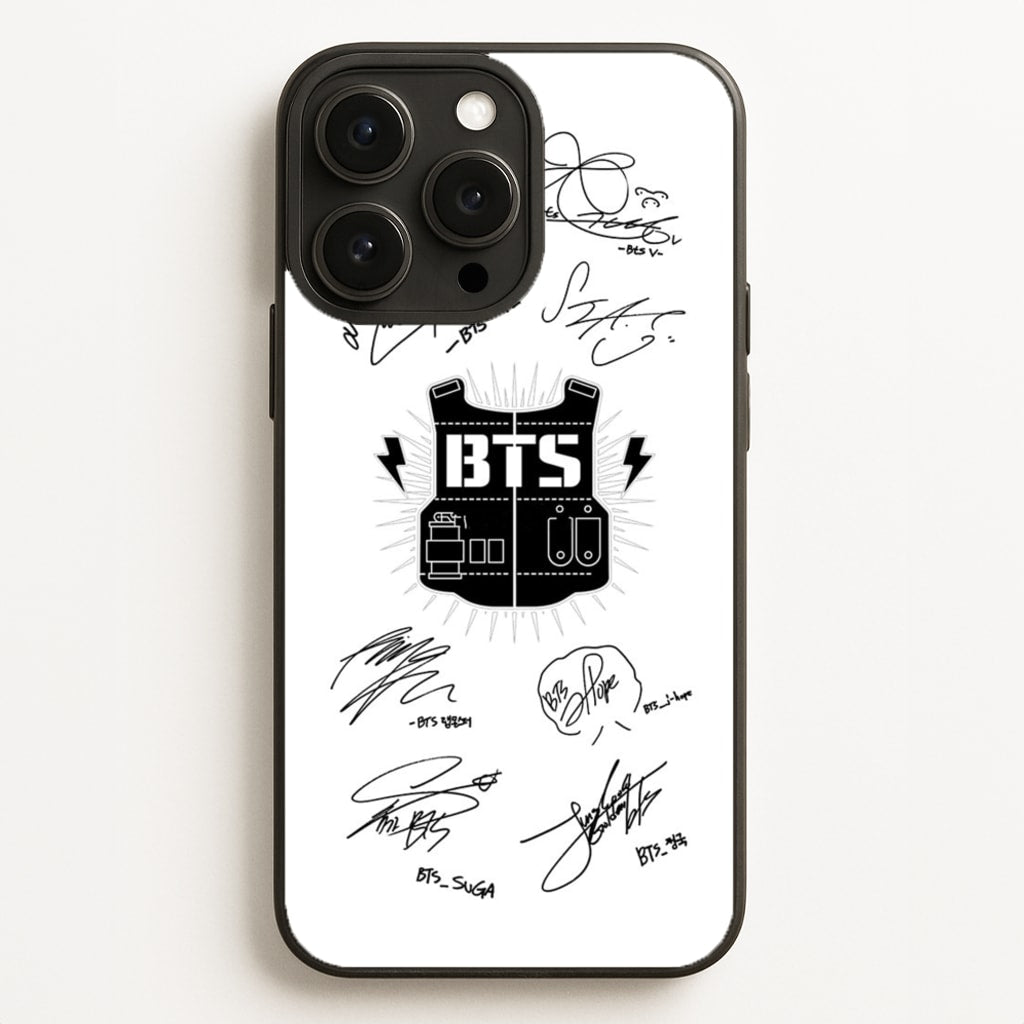White K-Pop Band Army Logo and Signatures  - BTS Phone Case for iPhone 16 Pro Max