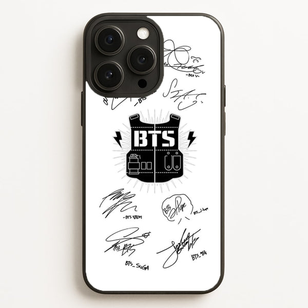 White K-Pop Band Army Logo and Signatures  - BTS Phone Case for iPhone 16 Pro Max
