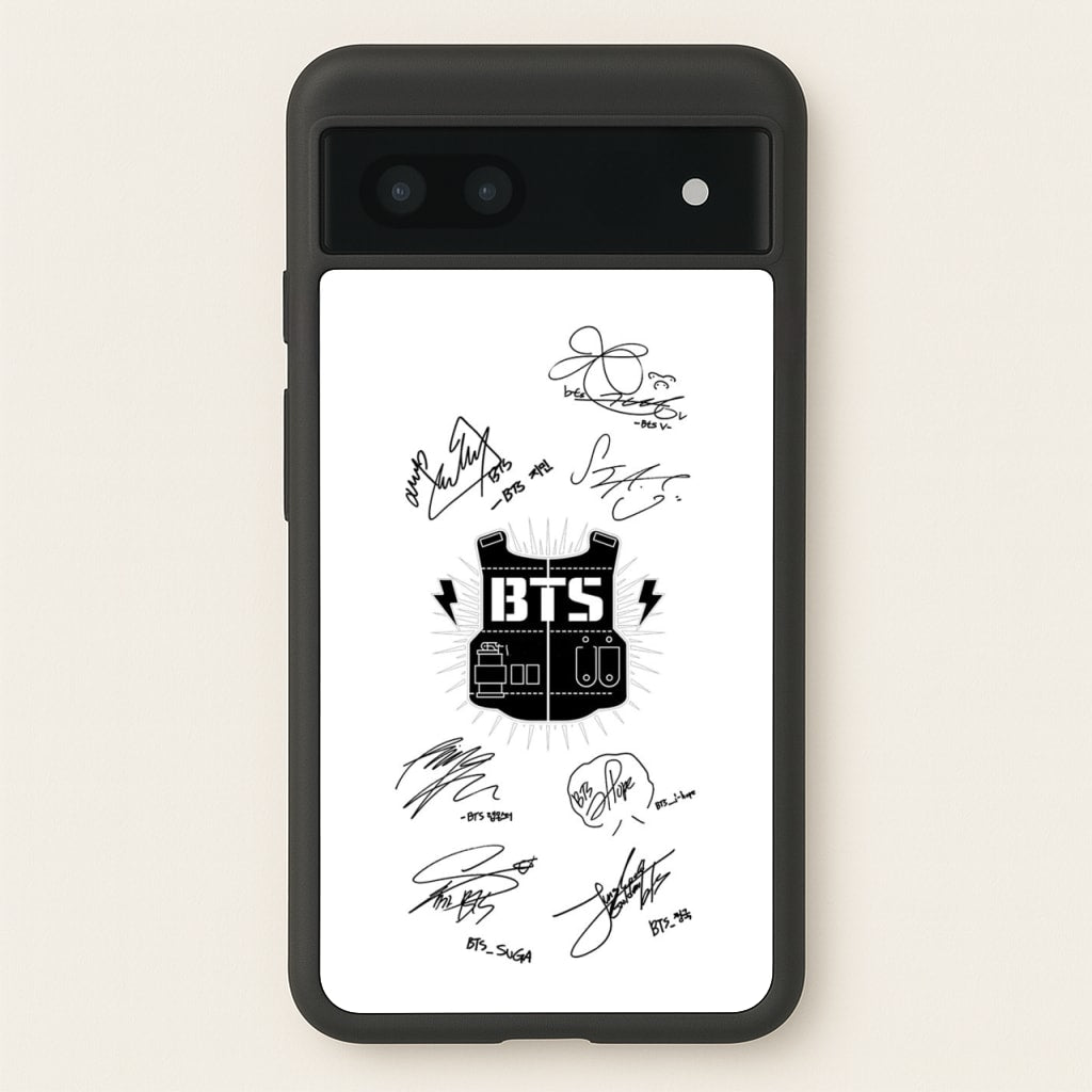 White K-Pop Band Army Logo and Signatures  - BTS Phone Case for Google Pixel 7a