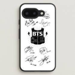 White K-Pop Band Army Logo and Signatures  - BTS Phone Case for Google Pixel 9a