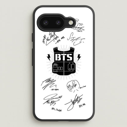 White K-Pop Band Army Logo and Signatures  - BTS Phone Case for Google Pixel 9a