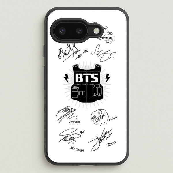 White K-Pop Band Army Logo and Signatures  - BTS Phone Case for Google Pixel 9a