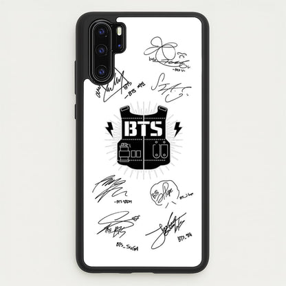 White K-Pop Band Army Logo and Signatures  - BTS Phone Case for Huawei P30 Pro
