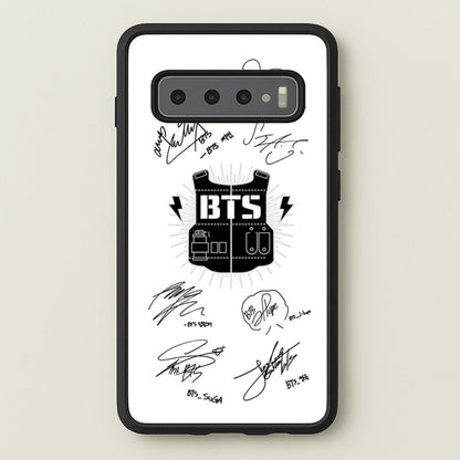 White K-Pop Band Army Logo and Signatures  - BTS Phone Case for Galaxy S10 Plus