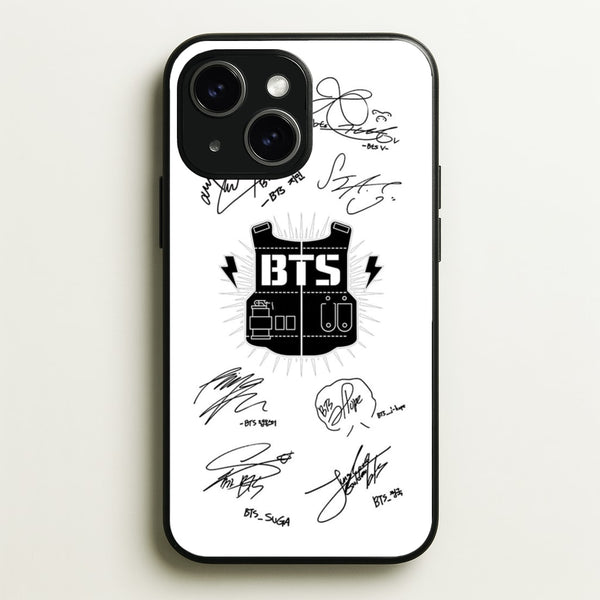 White K-Pop Band Army Logo and Signatures  - BTS Phone Case for iPhone 15 Plus