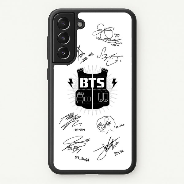 White K-Pop Band Army Logo and Signatures  - BTS Phone Case for Galaxy S22 Plus