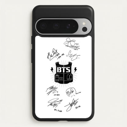 White K-Pop Band Army Logo and Signatures  - BTS Phone Case for Google Pixel 9 Pro XL