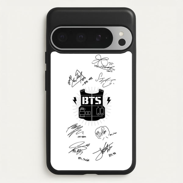 White K-Pop Band Army Logo and Signatures  - BTS Phone Case for Google Pixel 9 Pro XL