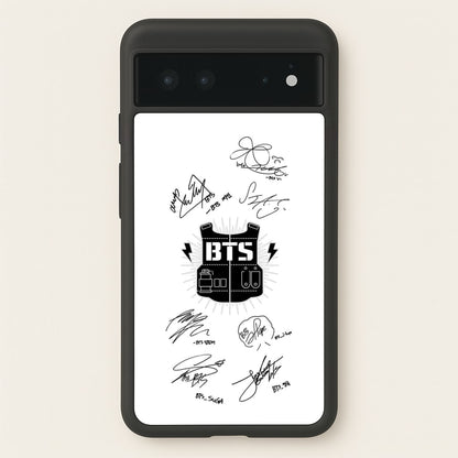 White K-Pop Band Army Logo and Signatures  - BTS Phone Case for Google Pixel 6