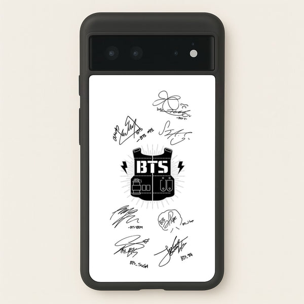 White K-Pop Band Army Logo and Signatures  - BTS Phone Case for Google Pixel 6