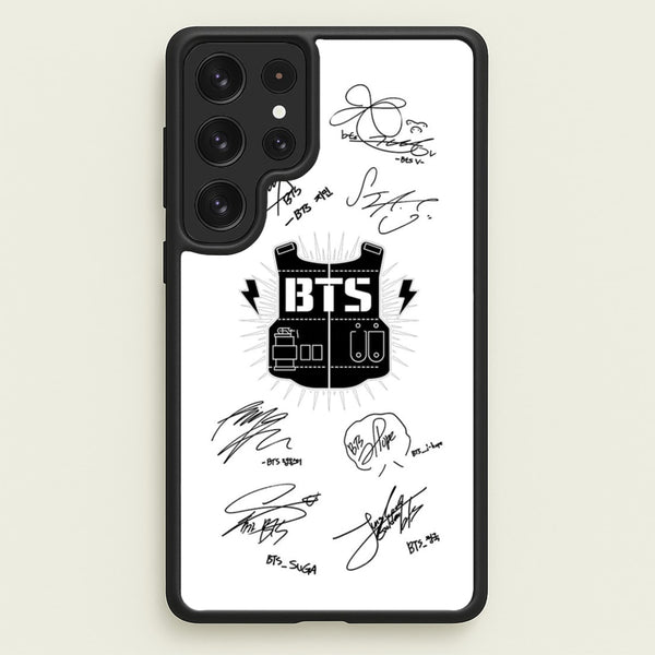 White K-Pop Band Army Logo and Signatures  - BTS Phone Case for Galaxy S22 Ultra