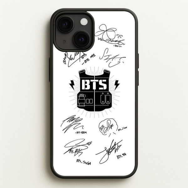 White K-Pop Band Army Logo and Signatures  - BTS Phone Case for iPhone 13