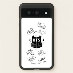 White K-Pop Band Army Logo and Signatures  - BTS Phone Case for Google Pixel 8