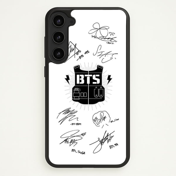 White K-Pop Band Army Logo and Signatures  - BTS Phone Case for Galaxy S23 Plus